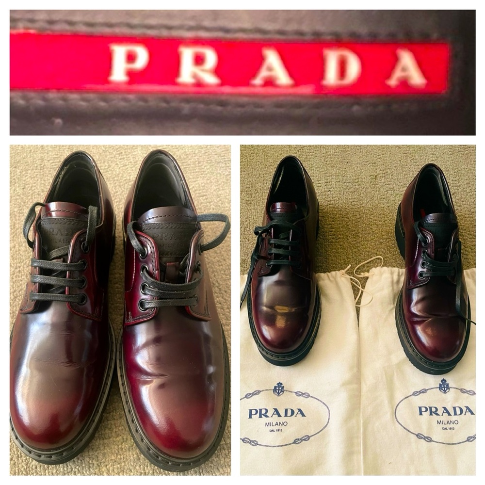 PRADA NWOT Womens Patent Leather Burgundy Lace Up Loafers